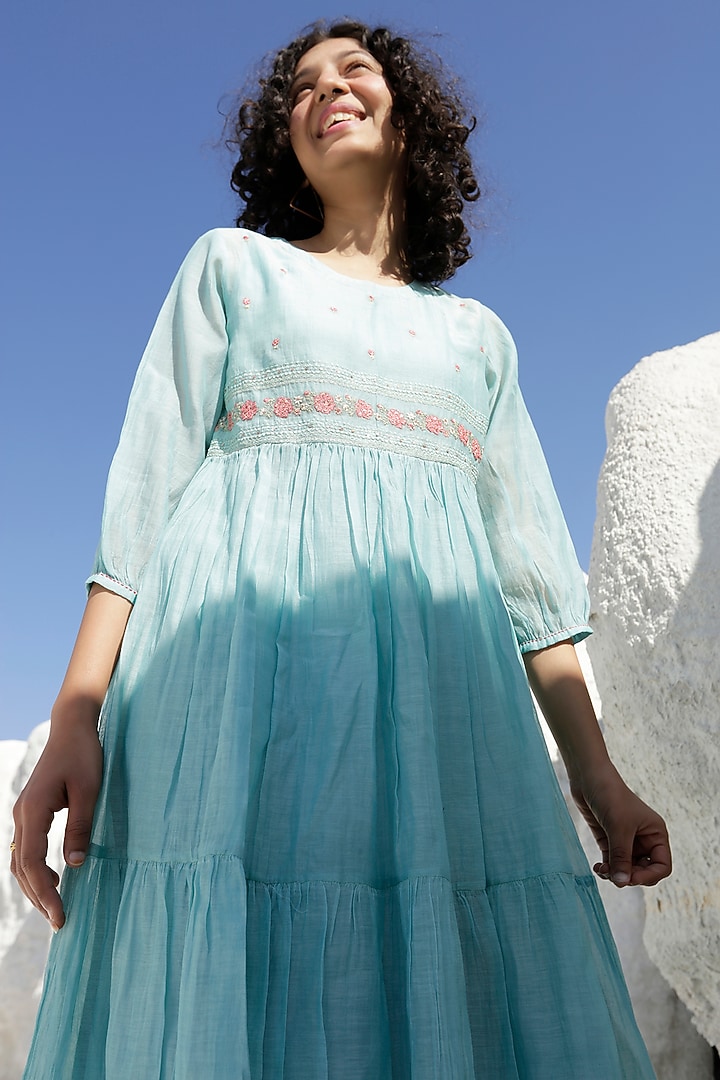 Turquoise Chanderi Embroidered Tiered Summer Dress by TATWA at Pernia's Pop Up Shop