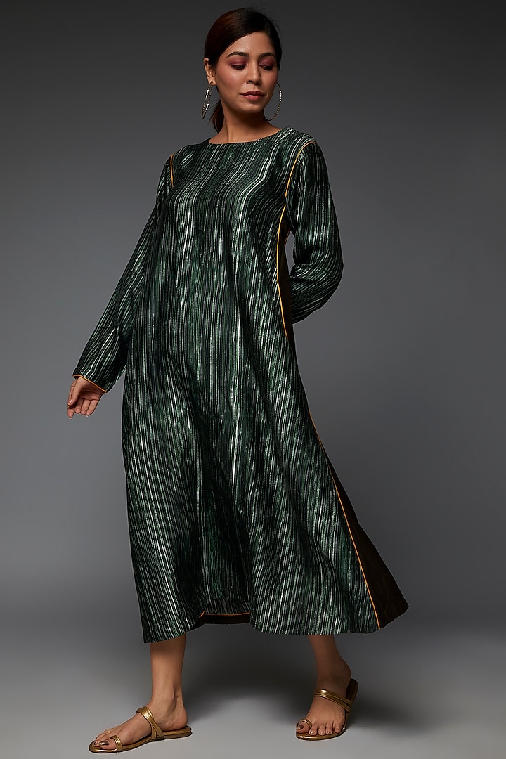 Emerald Green Pure Cotton Silk Satin Printed Dress by TIL BY AV -