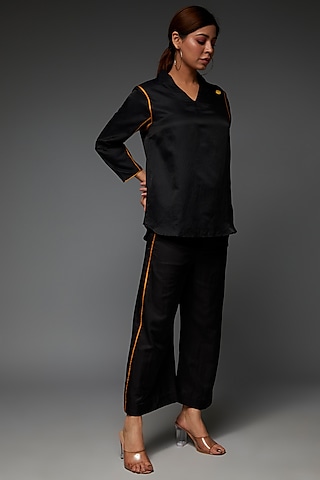 Black Pure Cotton Silk Satin Co-Ord Set by TIL BY AV -