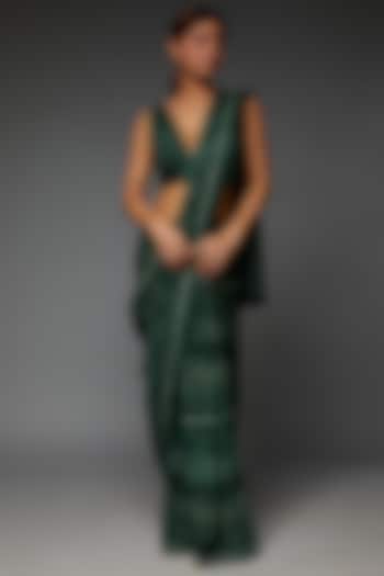 Emerald Green Pure Cotton Silk Satin Hand Painted & Digital Printed Saree Set by TIL BY AV -