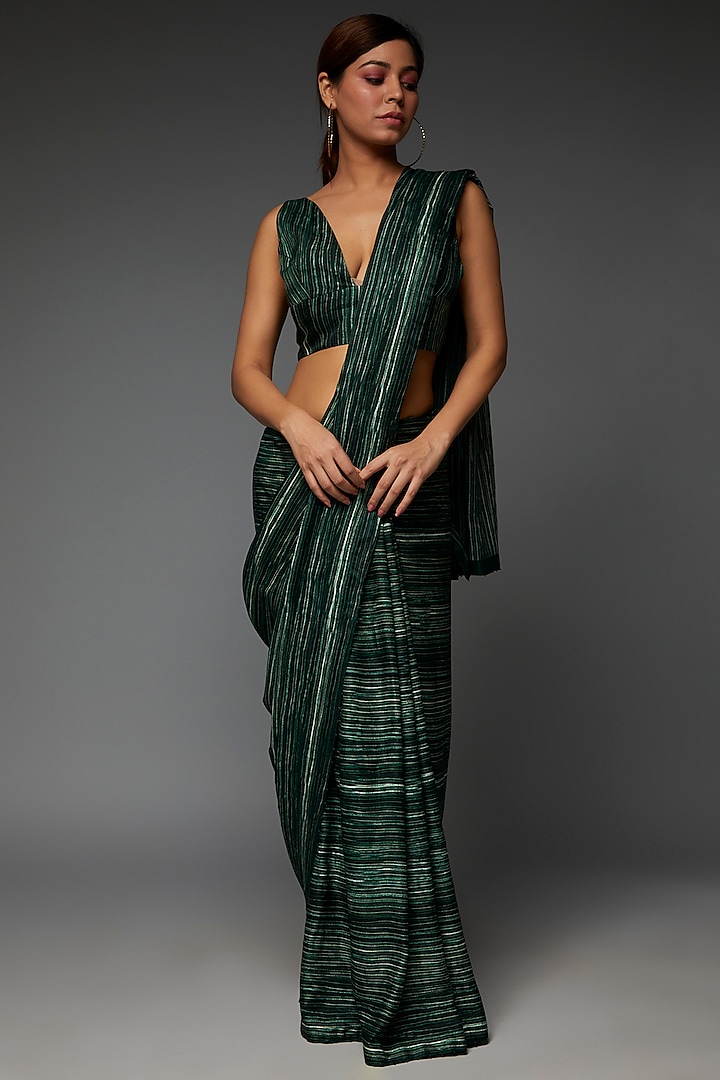 Emerald Green Pure Cotton Silk Satin Hand Painted & Digital Printed Saree Set by TIL BY AV -