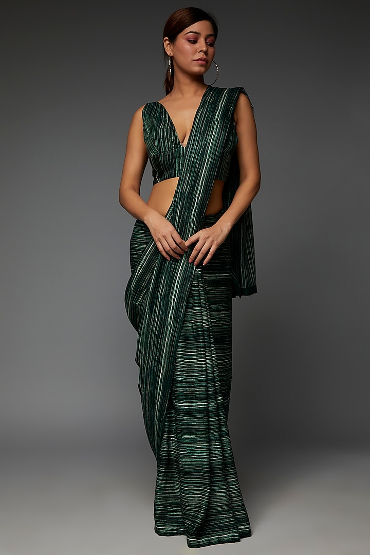 Emerald Green Pure Cotton Silk Satin Hand Painted & Digital Printed Saree Set by TIL BY AV - at Pernia's Pop Up Shop