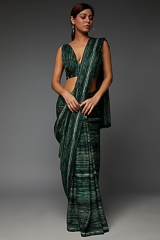 Emerald Green Pure Cotton Silk Satin Hand Painted & Digital Printed Saree Set by TIL BY AV -