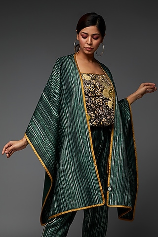 Emerald Green Cotton Silk Satin Digitally Printed Shawl by TIL BY AV -