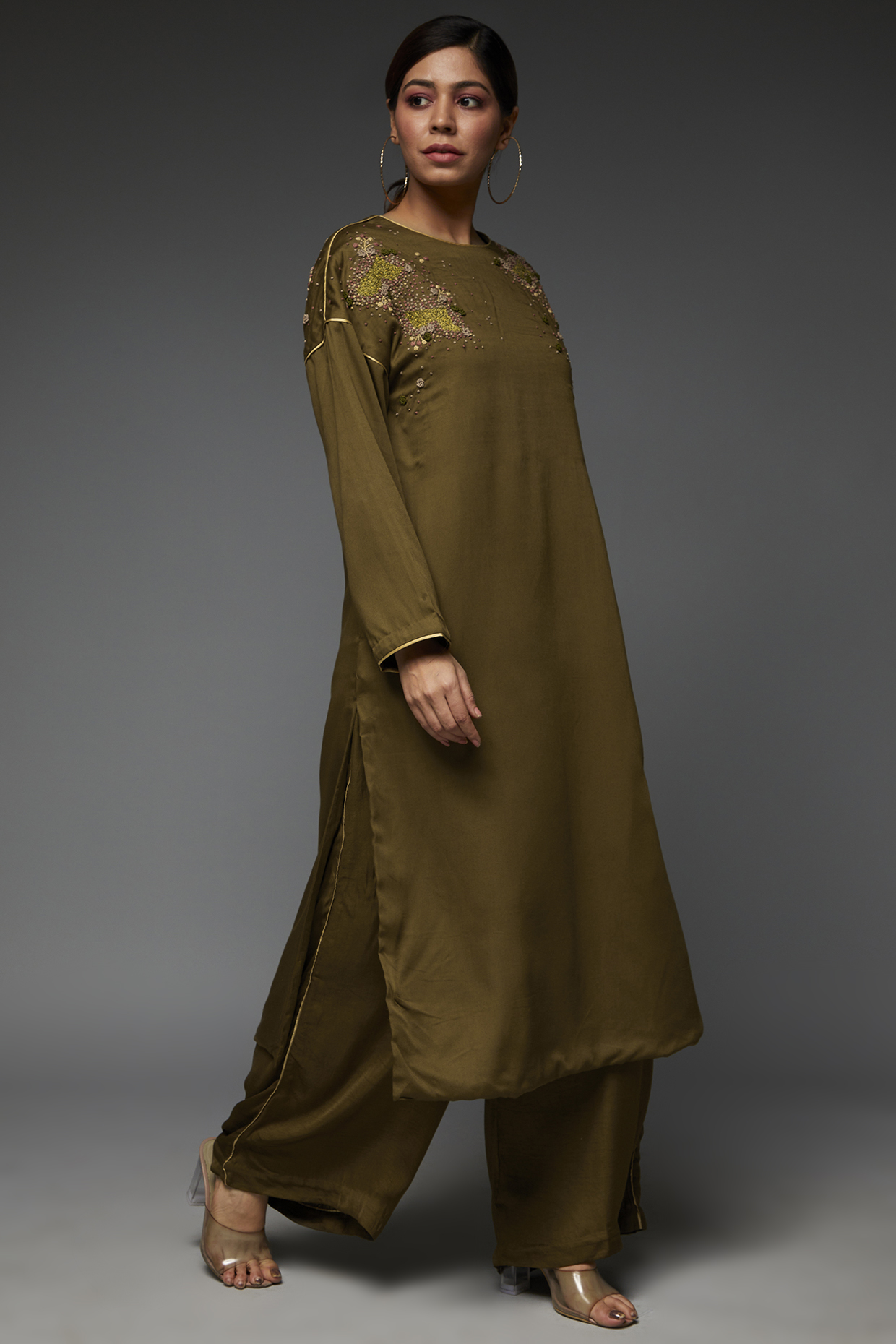 Olive Green Cotton Satin Hand Embroidered Kurta Set by TIL BY AV - at Pernia's Pop Up Shop