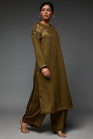 Olive Green Cotton Satin Hand Embroidered Kurta Set by TIL BY AV -