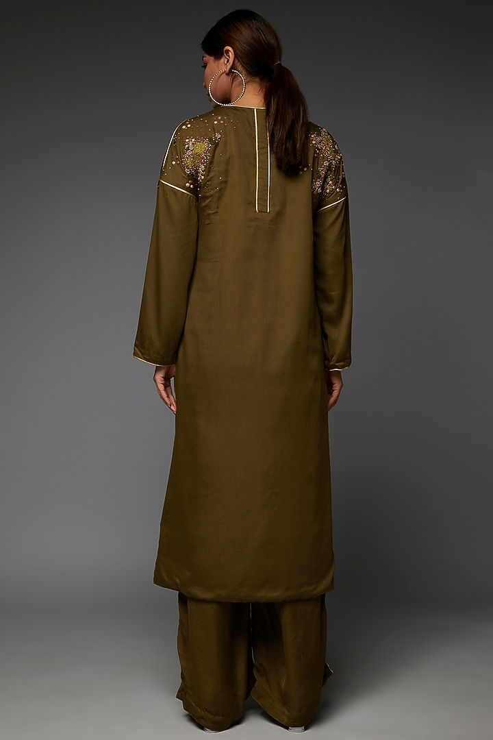 Olive Green Cotton Satin Hand Embroidered Kurta Set by TIL BY AV - at Pernia's Pop Up Shop
