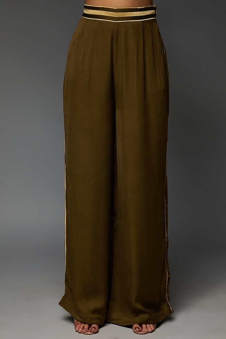 Olive Green Cotton Satin Hand Embroidered Kurta Set by TIL BY AV - at Pernia's Pop Up Shop