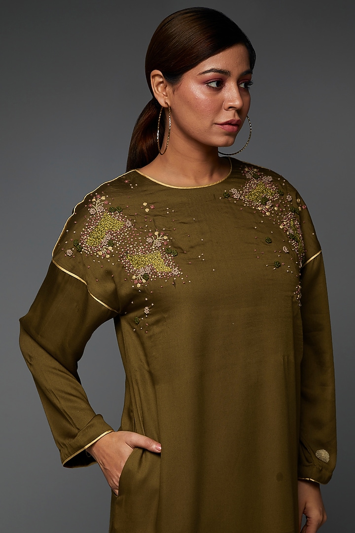 Olive Green Cotton Satin Hand Embroidered Kurta Set by TIL BY AV - at Pernia's Pop Up Shop