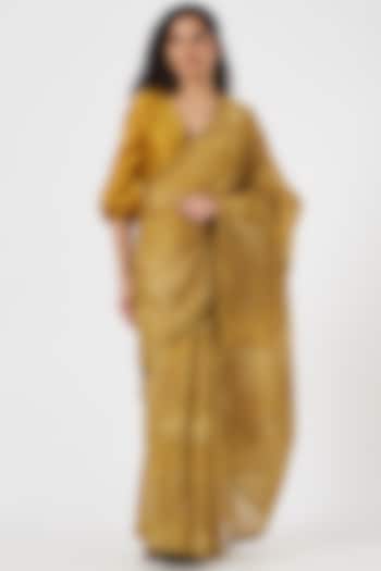 Mustard Pure Silk Chanderi Digital Printed Saree Set by TIL BY AV -