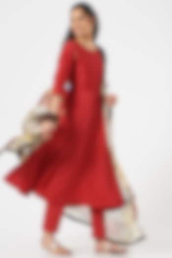 Crimson Red Silk Chanderi Party Wear Anarkali Set by TIL BY AV - at Pernia's Pop Up Shop