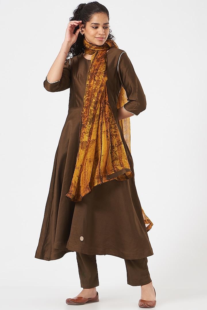 Brown Silk Chanderi Anarkali Set by TIL BY AV -