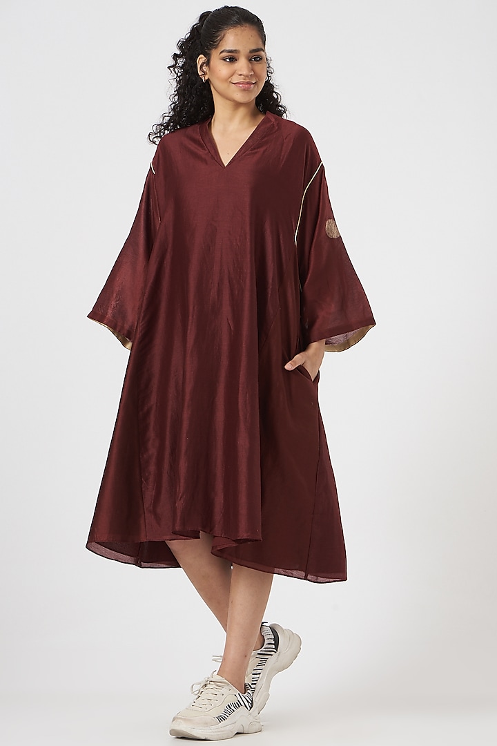 Plum Red Silk Chanderi Choga Dress by TIL BY AV -