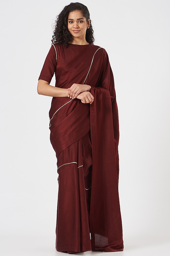 Plum Red Cotton Silk Satin Saree Set by TIL BY AV -