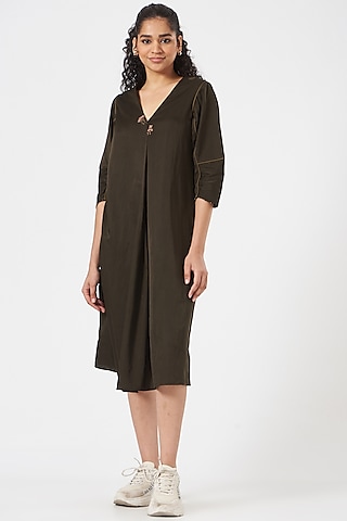 Snuff Green Cotton Silk Satin Midi Dress by TIL BY AV -