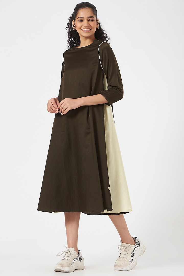 Brown Cotton Silk A-Line Dress by TIL BY AV -
