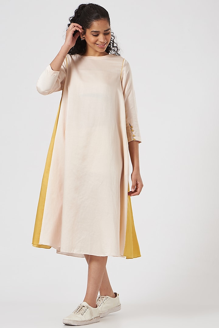 Cream Cotton Silk A-Line Dress by TIL BY AV -