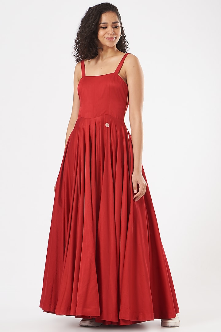 Crimson Red Cotton Silk Satin Maxi Dress by TIL BY AV -