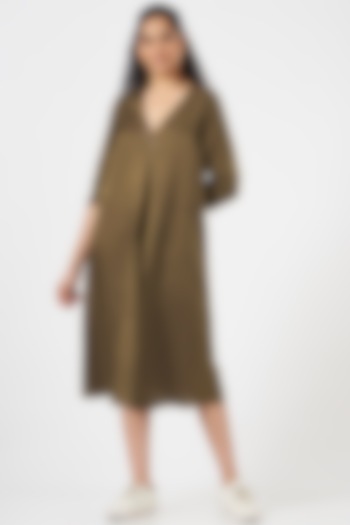Olive Green Cotton Silk Satin Dress by TIL BY AV -