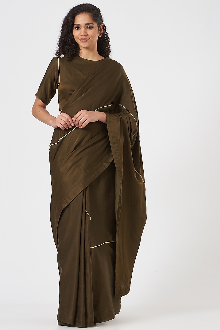 Olive Green Pure Cotton Silk Saree Set by TIL BY AV -