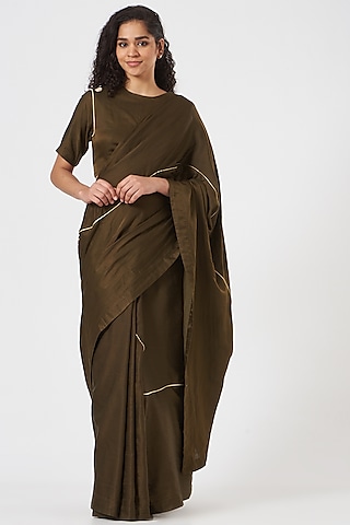 Olive Green Pure Cotton Silk Saree Set by TIL BY AV -