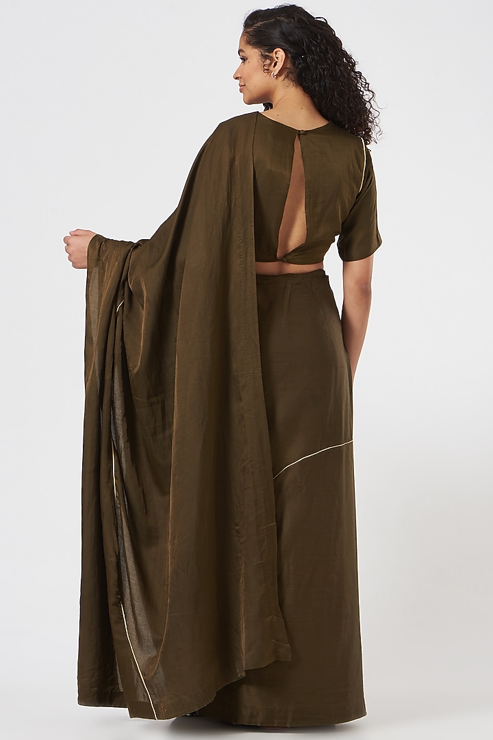 Olive Green Pure Cotton Silk Party Wear Saree Set by TIL BY AV - at Pernia's Pop Up Shop