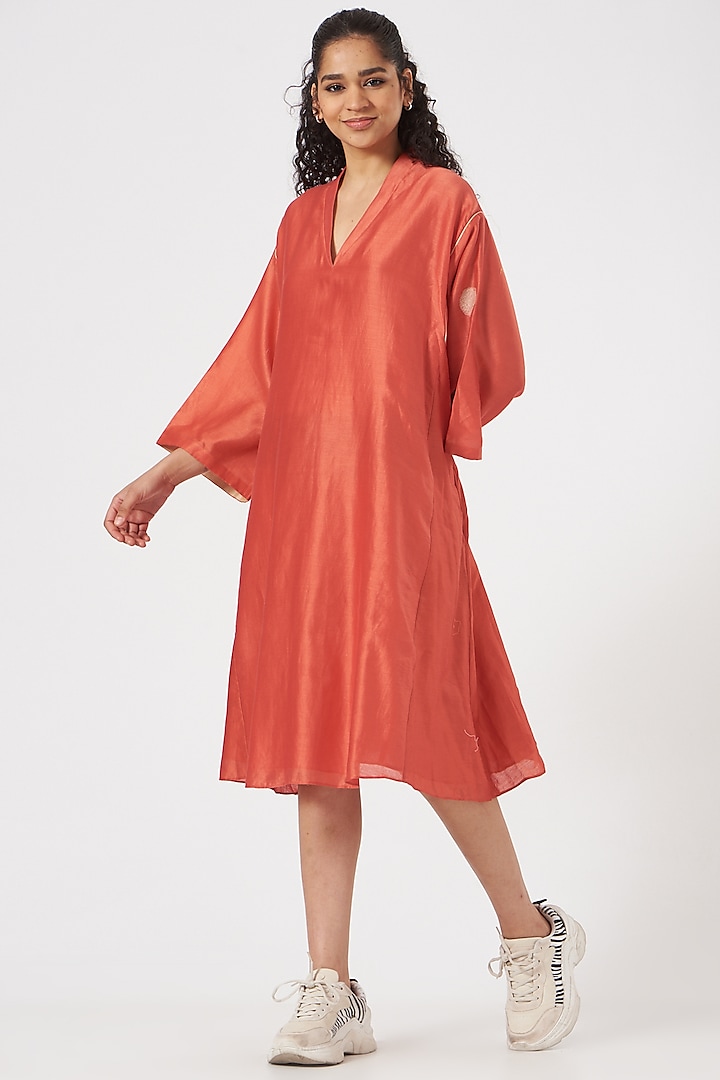 Orange Silk Chanderi Choga Dress by TIL BY AV -