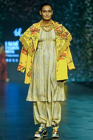 Yellow Cotton & Silk Hand Embroidered Jacket Set by TIL BY AV -