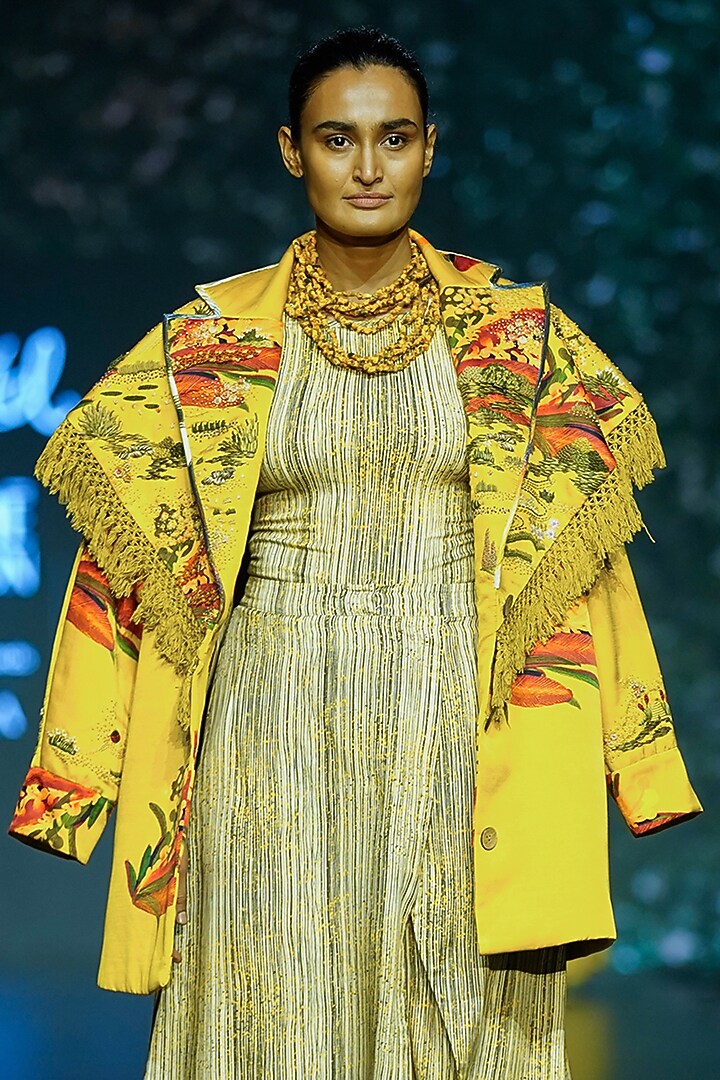 Yellow Cotton & Silk Hand Embroidered Jacket Set by TIL BY AV - at Pernia's Pop Up Shop