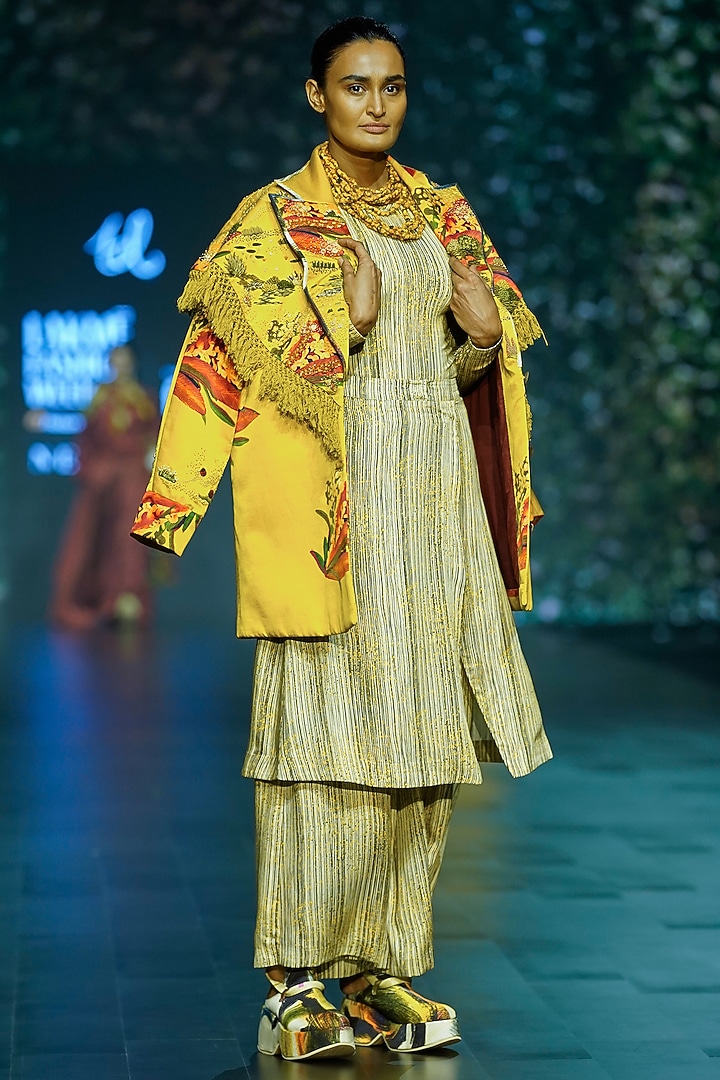 Yellow Cotton & Silk Hand Embroidered Jacket Set by TIL BY AV - at Pernia's Pop Up Shop