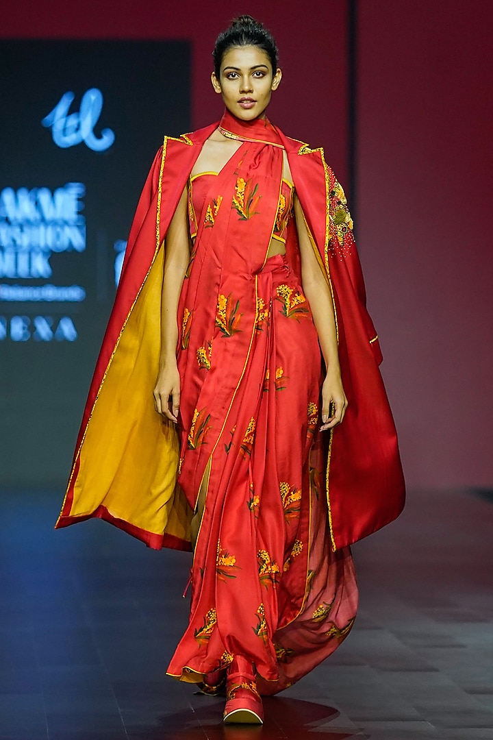 Red Silk Digital Printed Draped Saree Set by TIL BY AV -