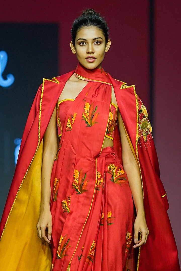 Red Silk Digital Printed Draped Party Wear Saree Set by TIL BY AV - at Pernia's Pop Up Shop