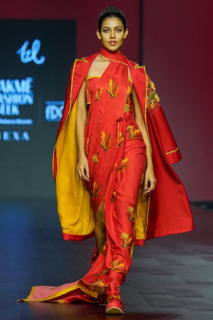 Red Silk Digital Printed Draped Party Wear Saree Set by TIL BY AV - at Pernia's Pop Up Shop