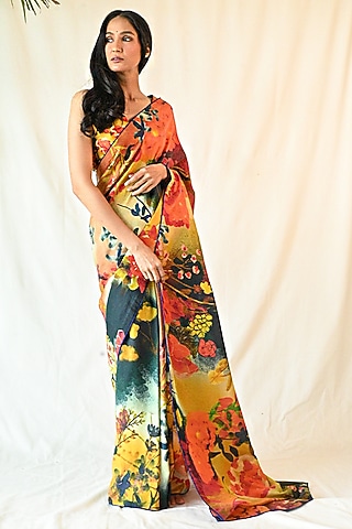 Multi-Colored Cotton Silk Satin Hand Painted Saree Set by TIL BY AV -