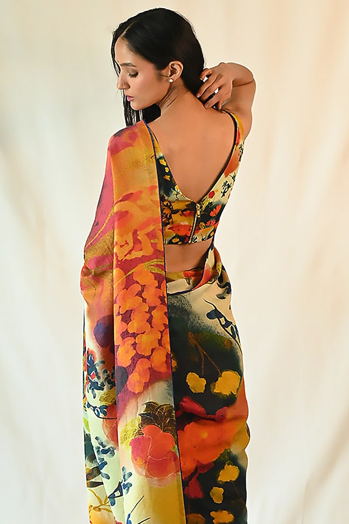 Multi-Colored Cotton Silk Satin Hand Painted Party Wear Saree Set by TIL BY AV - at Pernia's Pop Up Shop