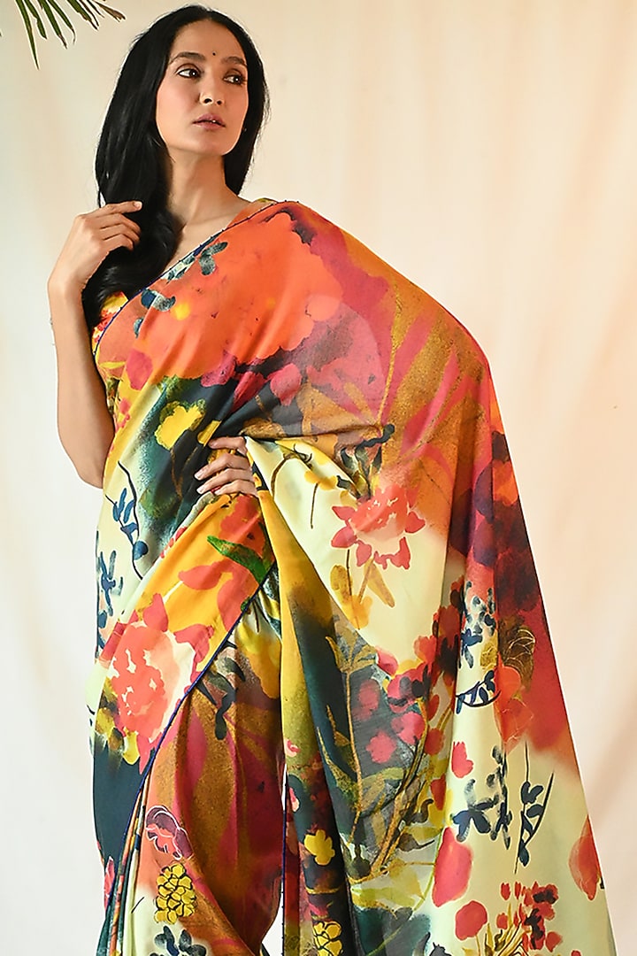 Multi-Colored Cotton Silk Satin Hand Painted Party Wear Saree Set by TIL BY AV - at Pernia's Pop Up Shop