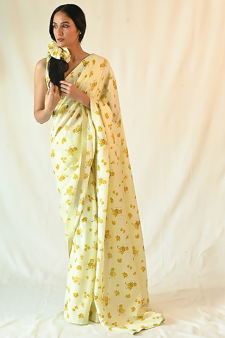 Off-White Cotton Silk Satin Printed Saree Set by TIL BY AV -