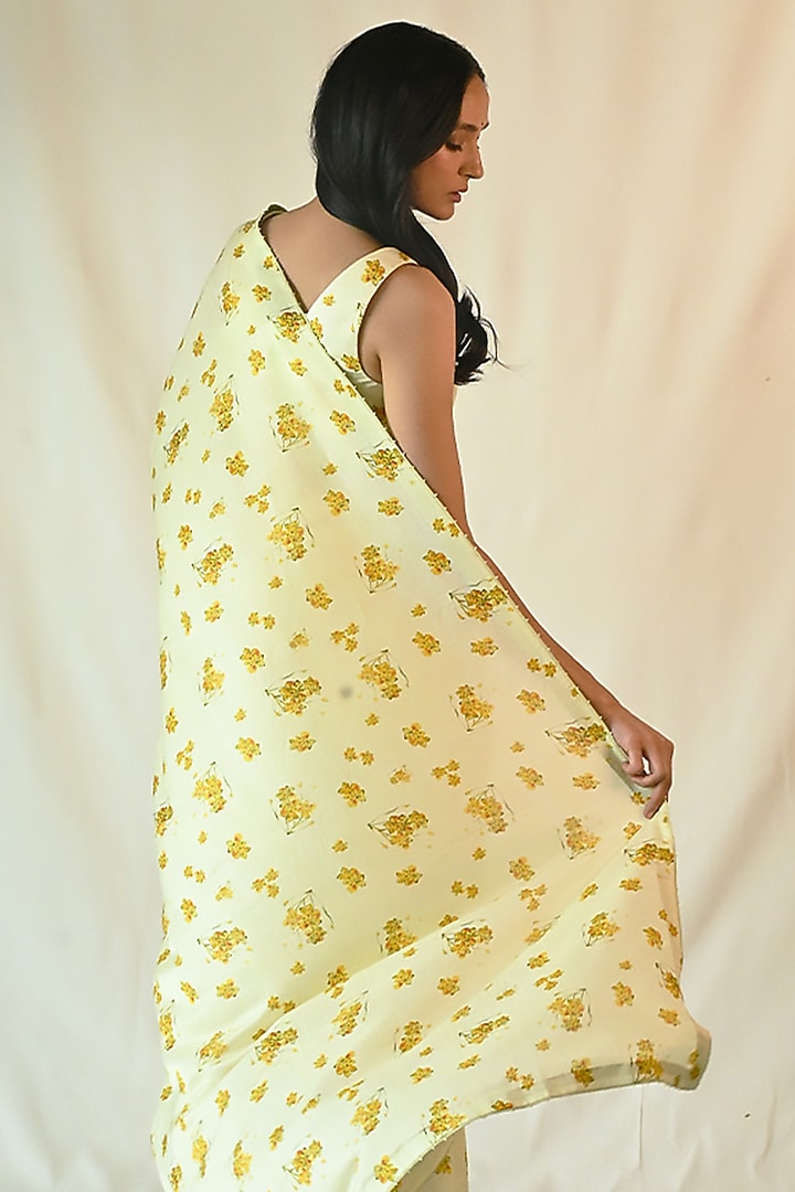 Off-White Cotton Silk Satin Printed Party Wear Saree Set by TIL BY AV - at Pernia's Pop Up Shop