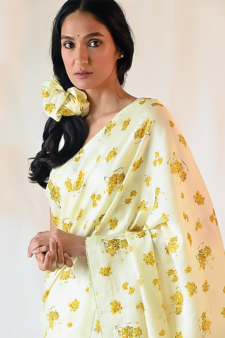 Off-White Cotton Silk Satin Printed Party Wear Saree Set by TIL BY AV - at Pernia's Pop Up Shop