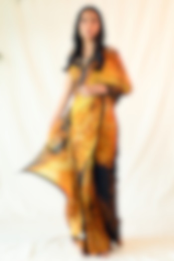 Yellow & Black Cotton Silk Satin Printed Saree Set by TIL BY AV -