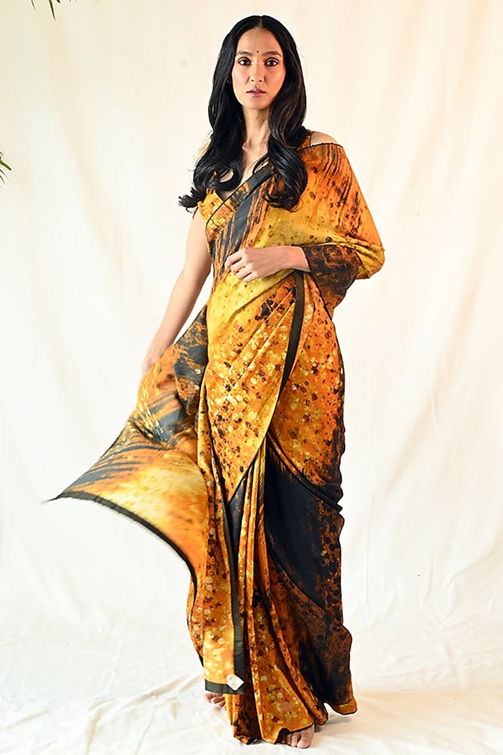 Yellow & Black Cotton Silk Satin Printed Saree Set by TIL BY AV -