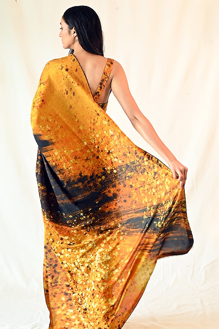 Yellow & Black Cotton Silk Satin Printed Party Wear Saree Set by TIL BY AV - at Pernia's Pop Up Shop
