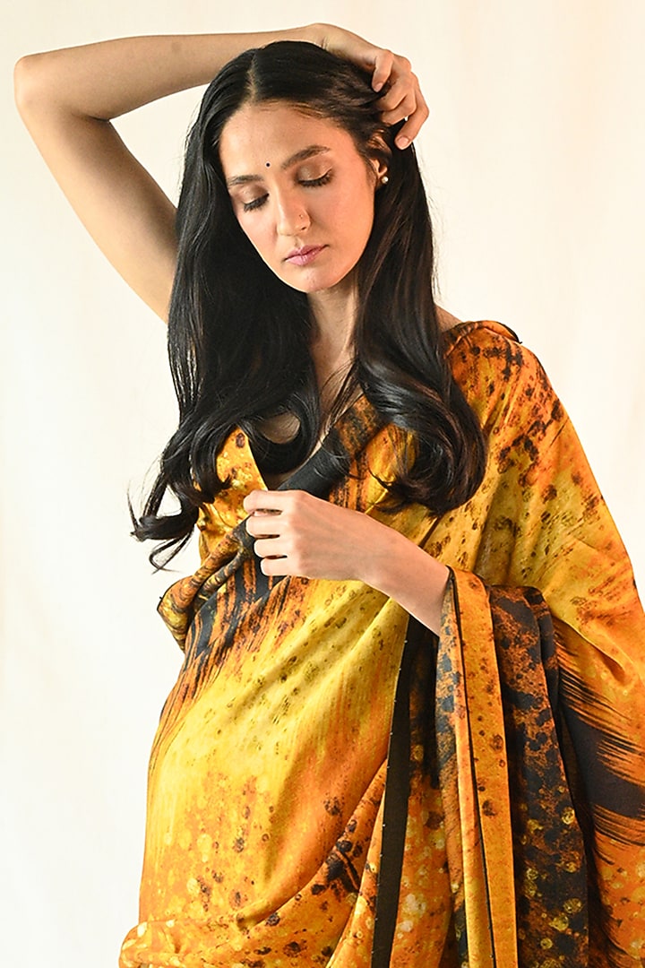 Yellow & Black Cotton Silk Satin Printed Party Wear Saree Set by TIL BY AV - at Pernia's Pop Up Shop