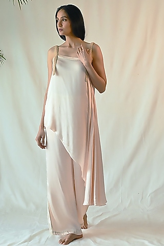 Blush Pink Cotton Satin Embroidered Co-Ord Set by TIL BY AV -