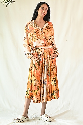 Orange Cotton Satin Hand Painted Skirt Set by TIL BY AV -