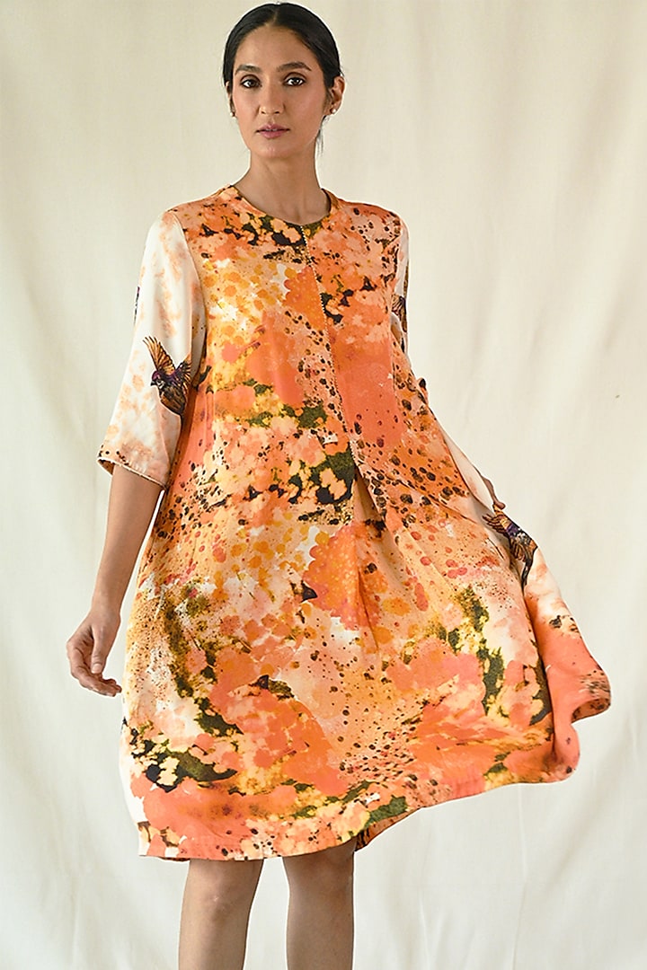 Orange Cotton Satin Printed & Embroidered Dress by TIL BY AV -