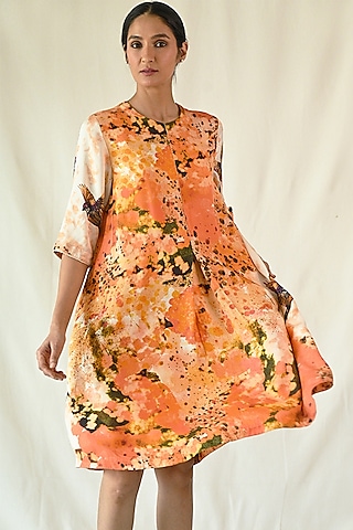Orange Cotton Satin Printed & Embroidered Dress by TIL BY AV -