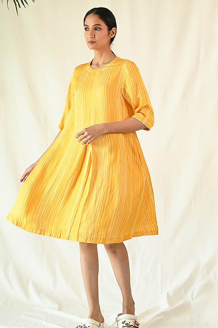 Yellow Cotton Satin Stripe Digital Printed Dress by TIL BY AV -