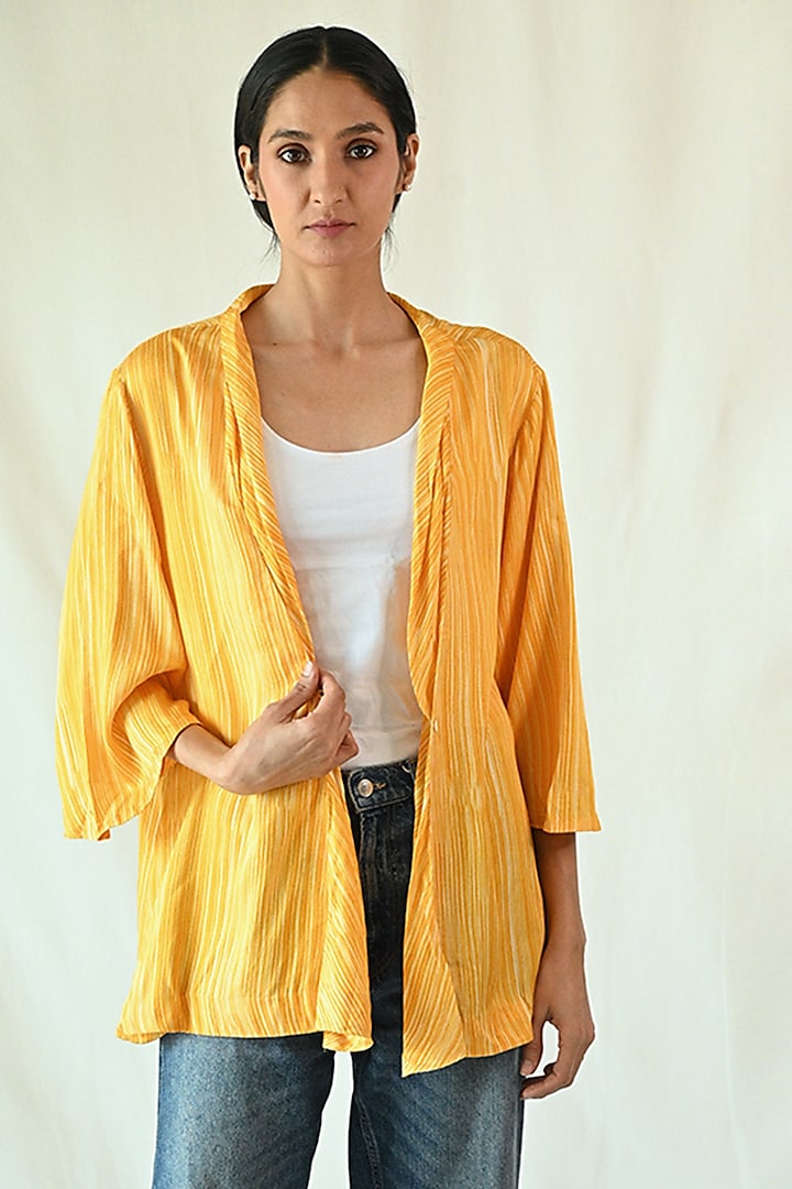 Yellow Cotton Satin Striped Jacket by TIL BY AV -
