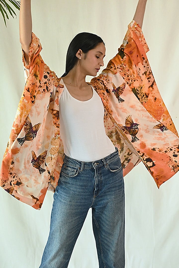 Orange Cotton Satin Printed Jacket by TIL BY AV -